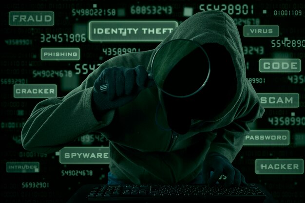 Imagen compuesta digital de un ciberdelincuente que utiliza una computadora
