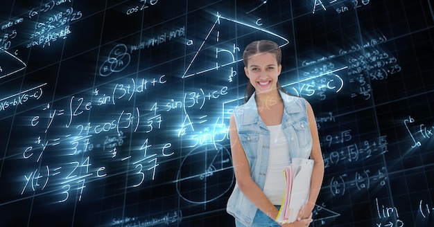 Imagen compuesta digital de una estudiante con datos matemáticos