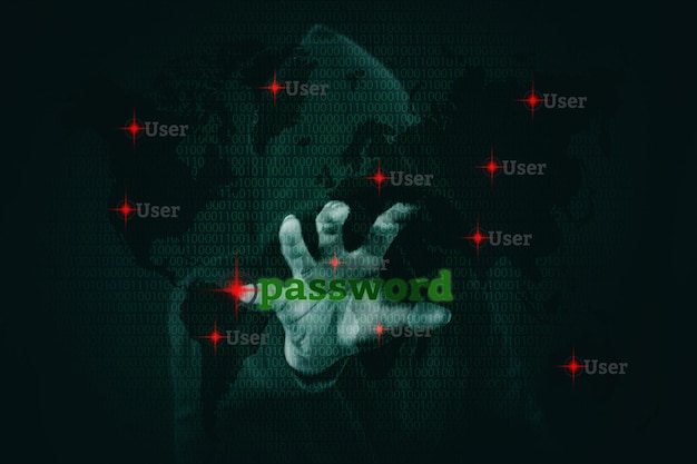 Imagen compuesta digital de un hacker masculino con texto contra códigos binarios