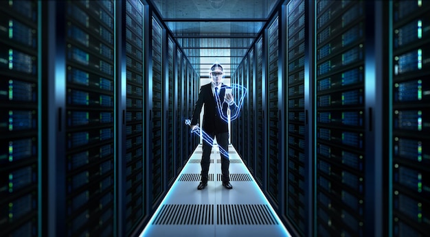 Imagen compuesta digital de un hombre de negocios sosteniendo una espada iluminada en la sala del servidor