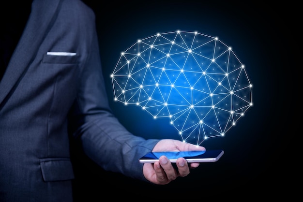 Imagen compuesta digital de un hombre de negocios sosteniendo un teléfono móvil con puntos de conexión