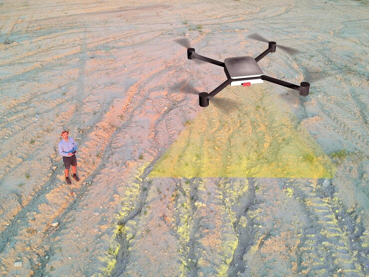 Foto imagen compuesta digital de un hombre operando un avión no tripulado con control remoto