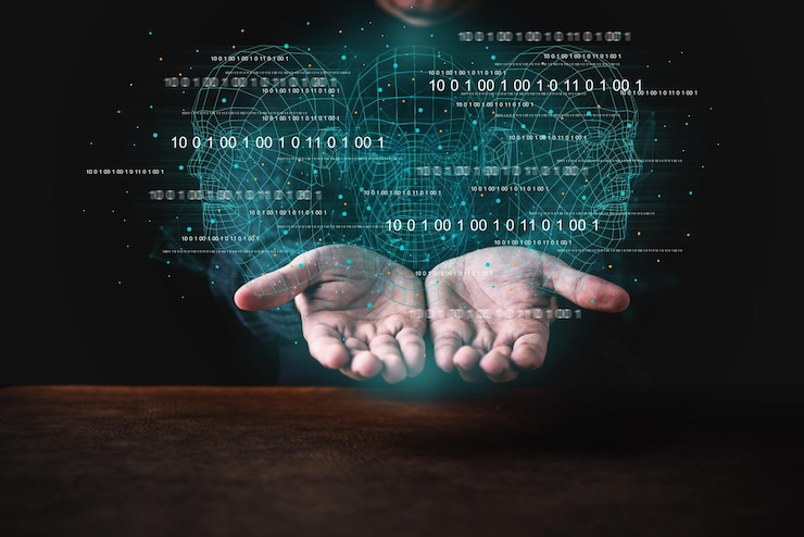 Foto imagen compuesta digital de manos por inteligencia artificial en cuarto oscuro
