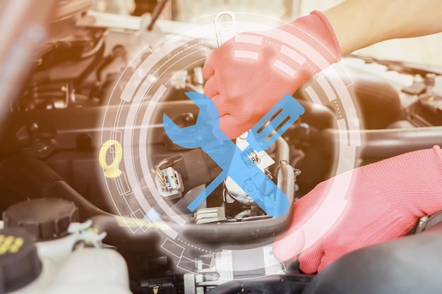 Imagen compuesta digital de un mecánico reparando un coche