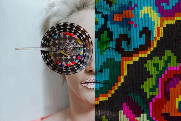 Imagen compuesta digital de una mujer con maquillaje y patrón colorido contra la pared