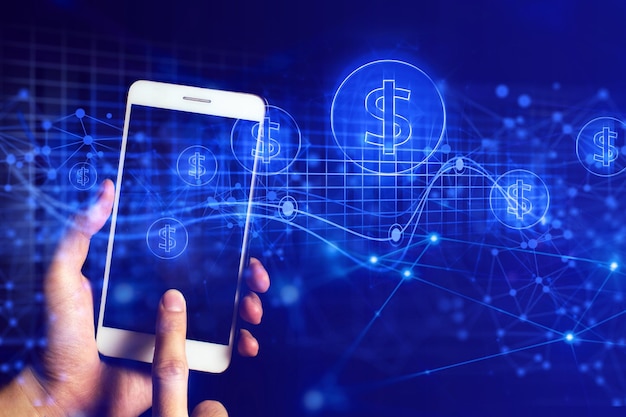 Imagen compuesta digital de una mujer sosteniendo un teléfono inteligente y puntos de conexión iluminados