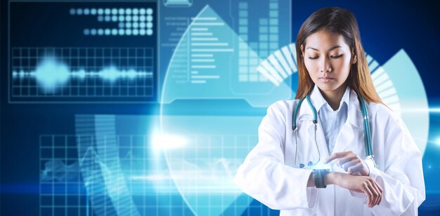 Imagen compuesta de una doctora asiática usando su reloj inteligente