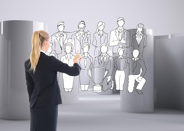 Imagen compuesta de empresaria rubia apuntando a algún lugar