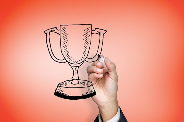 Imagen compuesta del empresario dibujo ganadores copa contra naranja