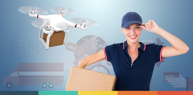 Imagen compuesta de entrega feliz mujer sosteniendo una caja de cartón