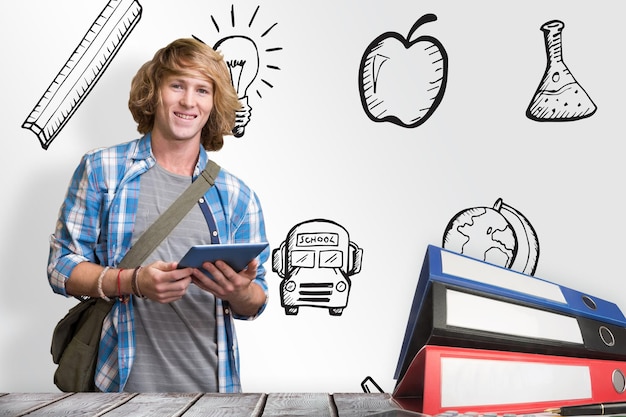 Foto imagen compuesta de estudiante con tablet en biblioteca