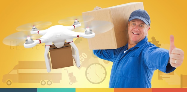 Imagen compuesta de feliz repartidor hombre sujetando una caja de cartón