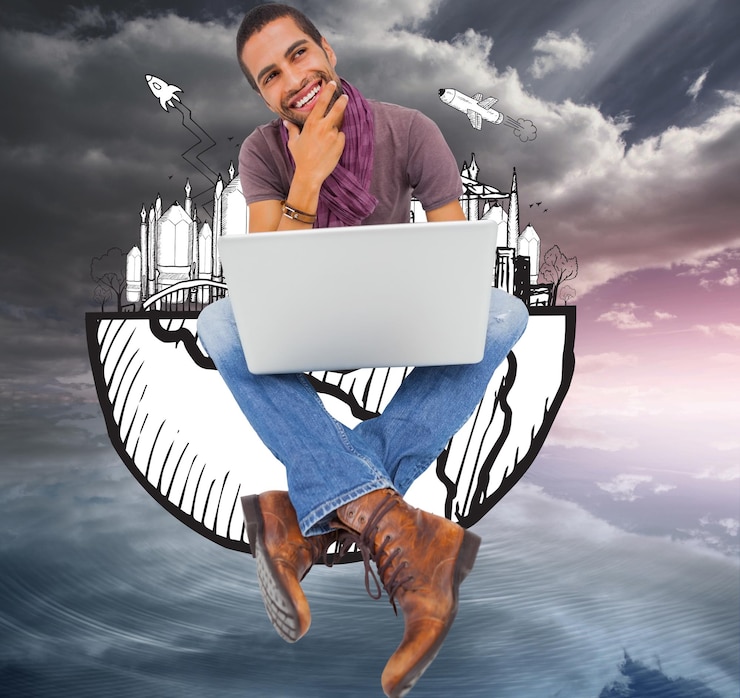 Foto imagen compuesta de un hombre pensante sentado en el suelo usando una laptop y sonriendo