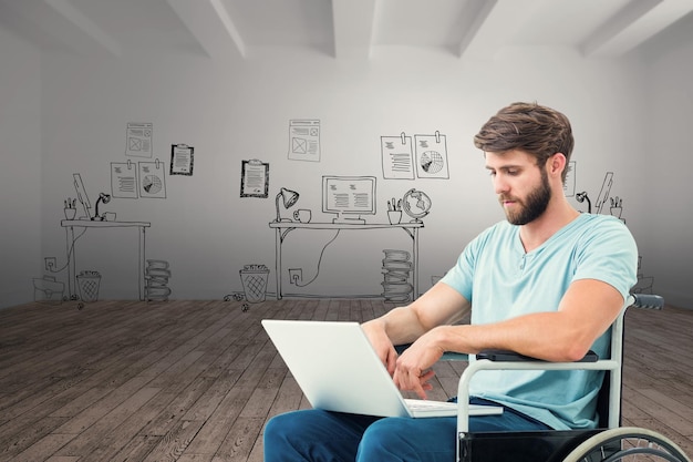 Imagen compuesta de hombre en silla de ruedas con ordenador