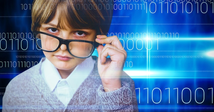 Foto imagen compuesta de lindo alumno fingiendo ser profesor