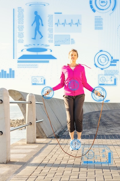 Imagen compuesta de mujer deportiva saltando en promenade