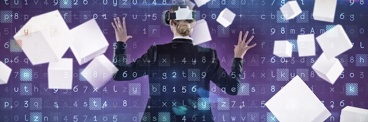 Foto imagen compuesta de la parte trasera de la empresaria trabajando con vr