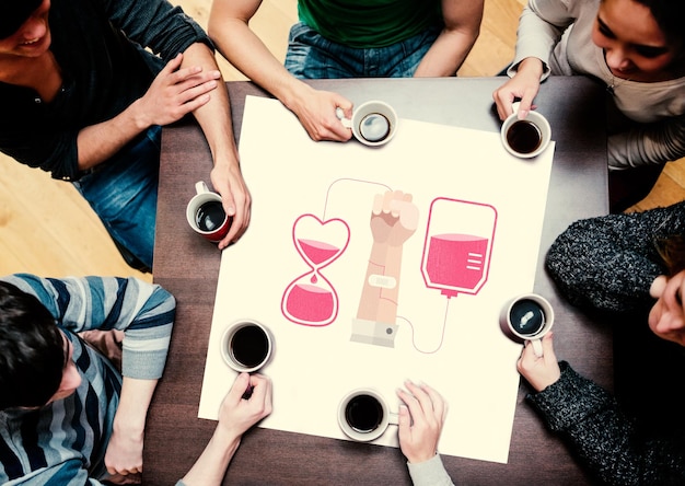 Imagen compuesta de personas sentadas alrededor de una mesa tomando café