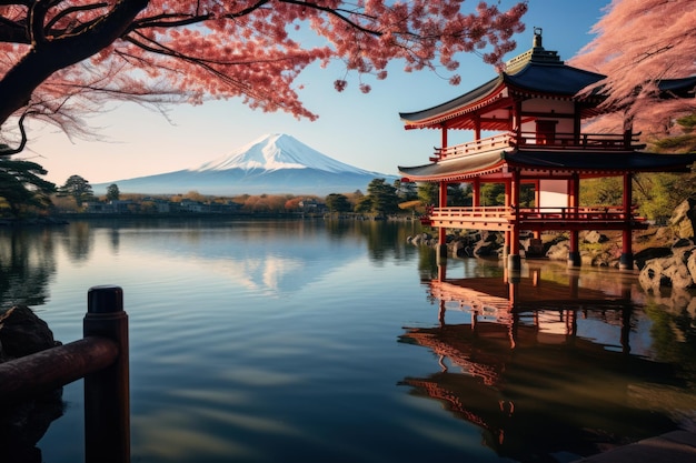 Foto imagen compuesta de la puerta tori japonesa del monte fuji