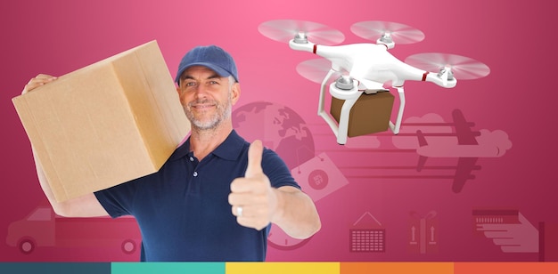 Imagen compuesta de un repartidor feliz sosteniendo una caja de cartón mostrando los pulgares hacia arriba