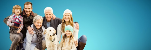 Imagen compuesta de retrato de familia con perro en estacionamiento