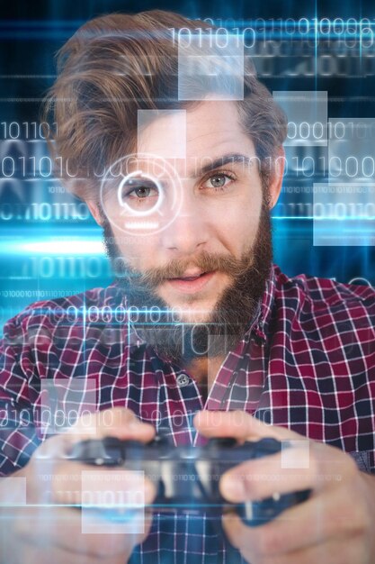 Imagen compuesta de retrato de hipster jugando videojuegos