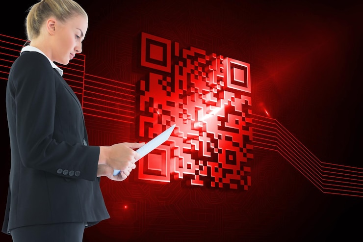 Foto imagen compuesta de rubia empresaria sosteniendo tablet