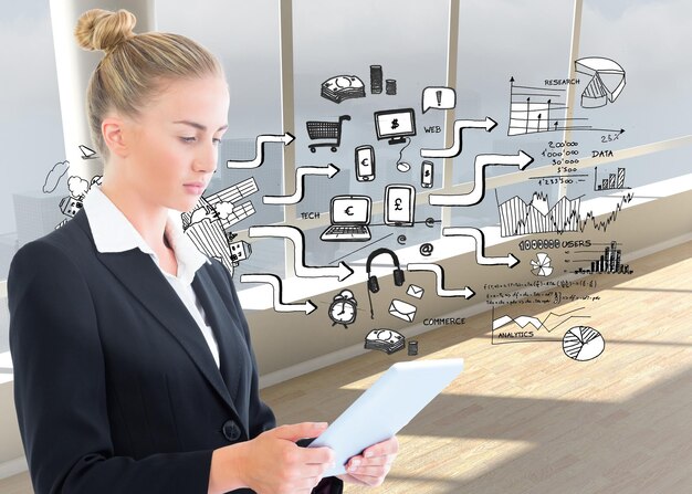 Imagen compuesta de rubia empresaria sosteniendo tablet