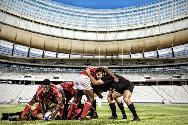 Foto imagen compuesta de scrum de jugador de rugby