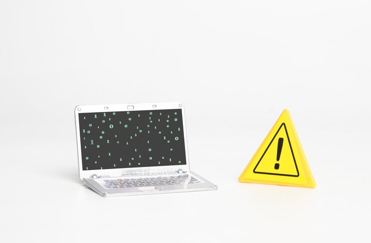 Una imagen de una computadora portátil en miniatura con código binario y señal de advertencia Cuidado con el hacker y el concepto de robo de datos
