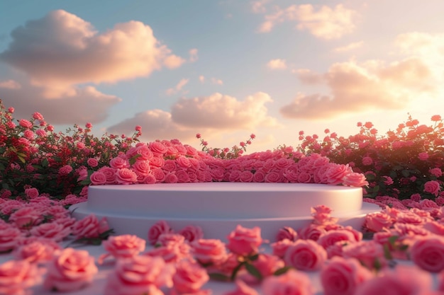 Imagen concepto del Día de San Valentín Podium blanco en rosas bajo el cielo nocturno