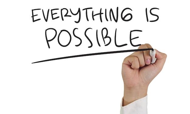Imagen de concepto motivacional de un marcador de la mano y escribir Todo es posible
