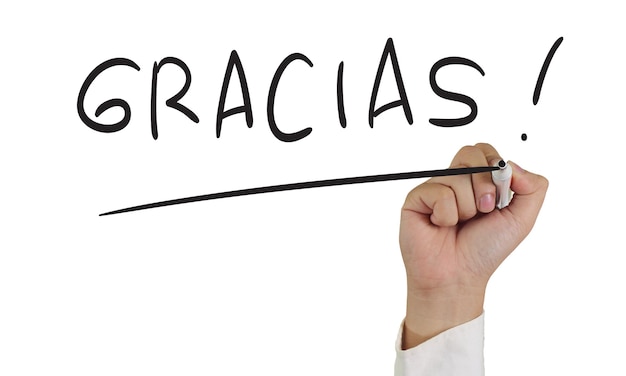 Imagen del concepto de negocio de un marcador de la mano y escriba gracias