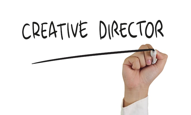 Imagen de concepto de negocio de un marcador de mano y escribir Director Creativo aislado en blanco
