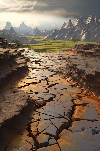 una imagen conceptual en 3D de un paisaje de tierra agrietada siendo revivida lentamente por una lluvia suave