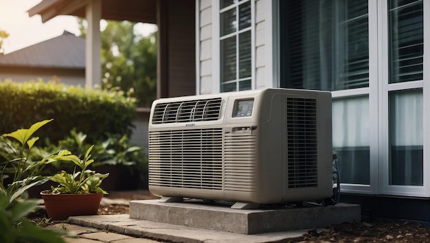 Imagen conceptual de AC con una unidad de aire acondicionado al lado de un modelo de casa para enfriar el aire en el hogar en hot sum