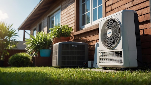 Imagen conceptual de AC con una unidad de aire acondicionado al lado de un modelo de casa para enfriar el aire en el hogar en hot sum