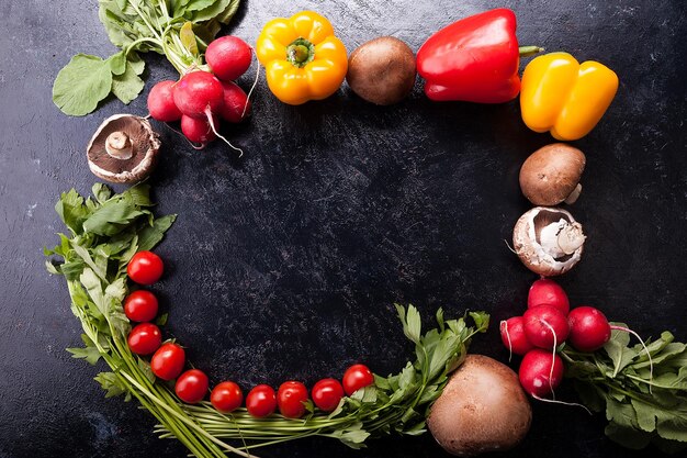 Imagen conceptual de alimentos saludables y orgánicos sobre fondo oscuro en fotografía artística