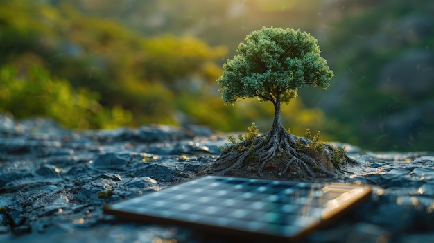 Imagen conceptual de un árbol que crece en un panel solar de crecimiento ambiental