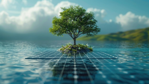 Imagen conceptual de un árbol que crece en un panel solar de crecimiento ambiental