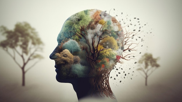 Imagen conceptual de una cabeza humana con cerebro colorido y hojas de otoño concepto de salud mental