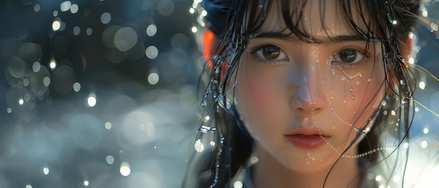 Imagen conceptual de la cara de una hermosa mujer con salpicaduras de agua en un fondo azul con una modelo asiática en el fondo