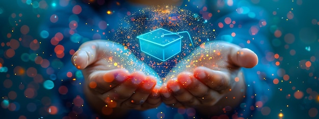 Imagen conceptual de educación y aprendizaje electrónico con manos que sostienen un ícono de aprendizaje en el aire de regreso a la escuela