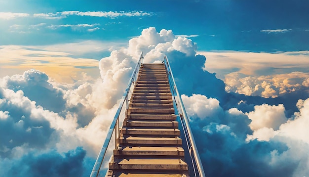 Foto imagen conceptual de escaleras que suben al cielo con nubes