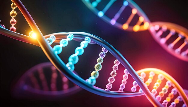 Imagen conceptual de la estructura del ADN con moléculas que ilustran los cambios genéticos, la manipulación o la modificación