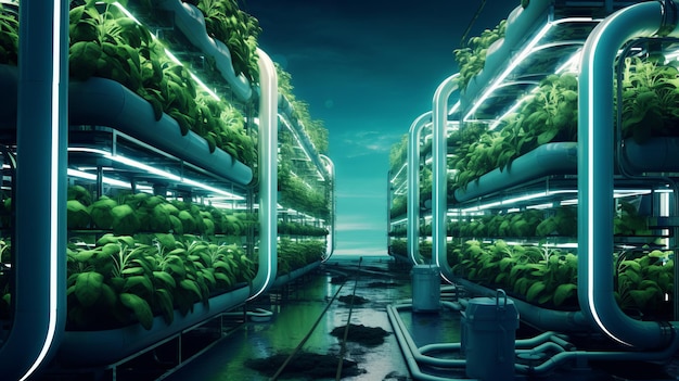 Imagen conceptual de una granja hidropónica inteligente con suministro de nutrientes basado en sensores y optimización de cultivos