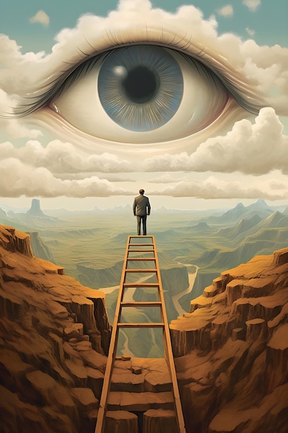 Imagen conceptual de un hombre de negocios de pie en una escalera y mirando a un ojo AI Generative