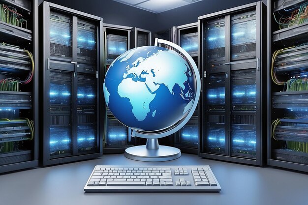 Imagen conceptual de Internet o tecnología de la información con un globo colocado frente a los gabinetes de servidores de computadoras