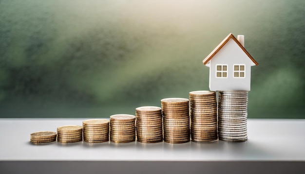 Imagen conceptual Monedas que forman una escalera con una casa en la parte superior que simboliza ahorros y progresión towar
