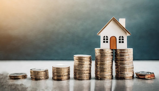 Imagen conceptual Monedas que forman una escalera con una casa en la parte superior que simboliza ahorros y progresión towar